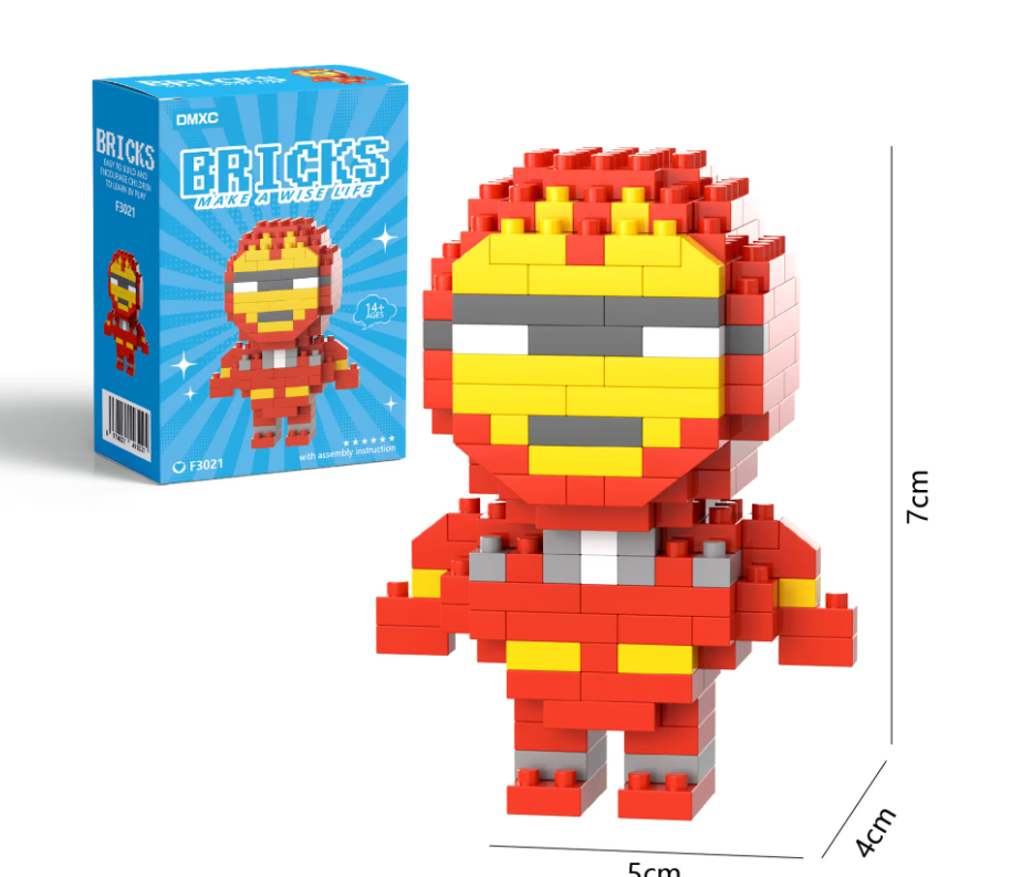 A small brick building toy set showing a red and yellow Iron Man-style character figure alongside its blue retail box, with dimension labels of 7 cm, 5 cm, and 4 cm on a white background.