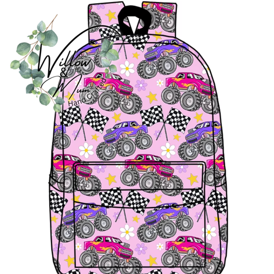 PRE ORDER School Bag | Pink Monster Trucks