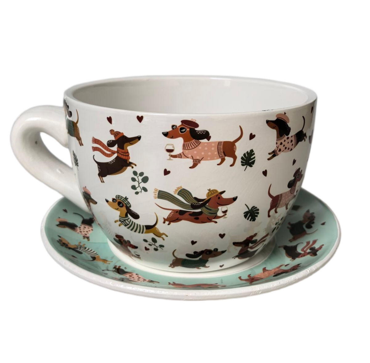 Sausage Dog Tea Cup Planter White
