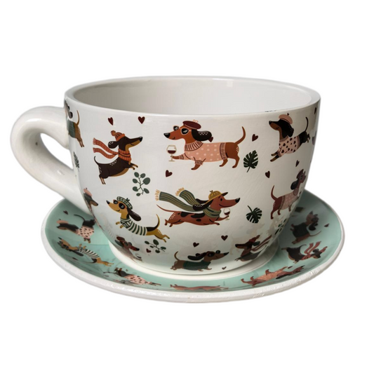 Sausage Dog Tea Cup Planter White