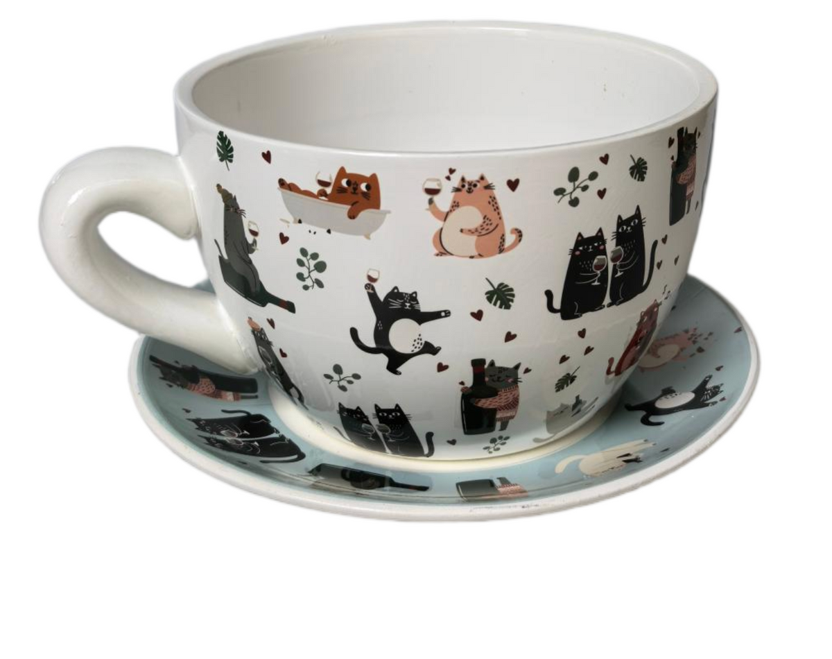 Playful Paws Cat Tea Cup Planter White