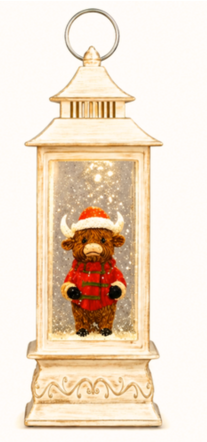 Christmas Snow Lantern Highland Cow Cream Santa Hat